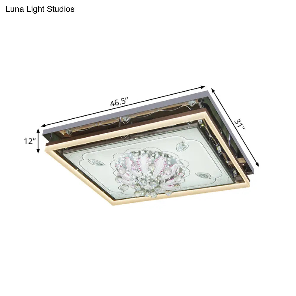 Modern Stainless-Steel Rectangular Ceiling Lamp With Clear Crystal Draping And Led Flush Mount For