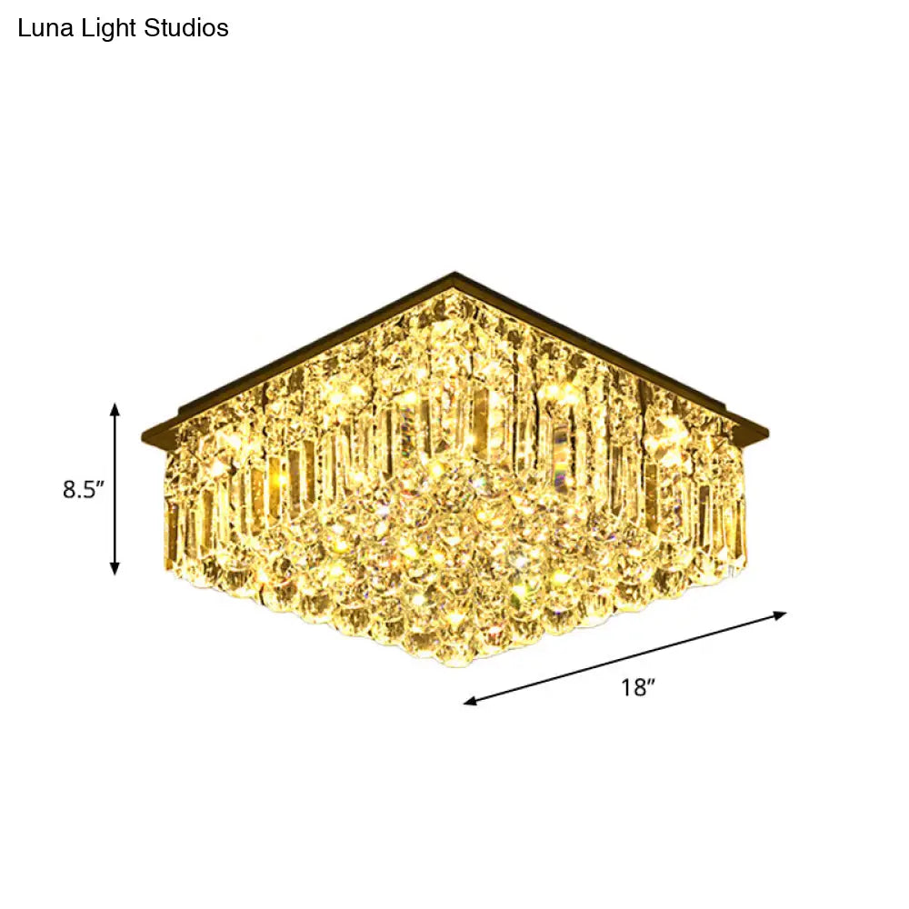 Modern Stainless Steel Square Ceiling Light With Clear Bevel Cut Glass - Led Flush Mount For Bedroom
