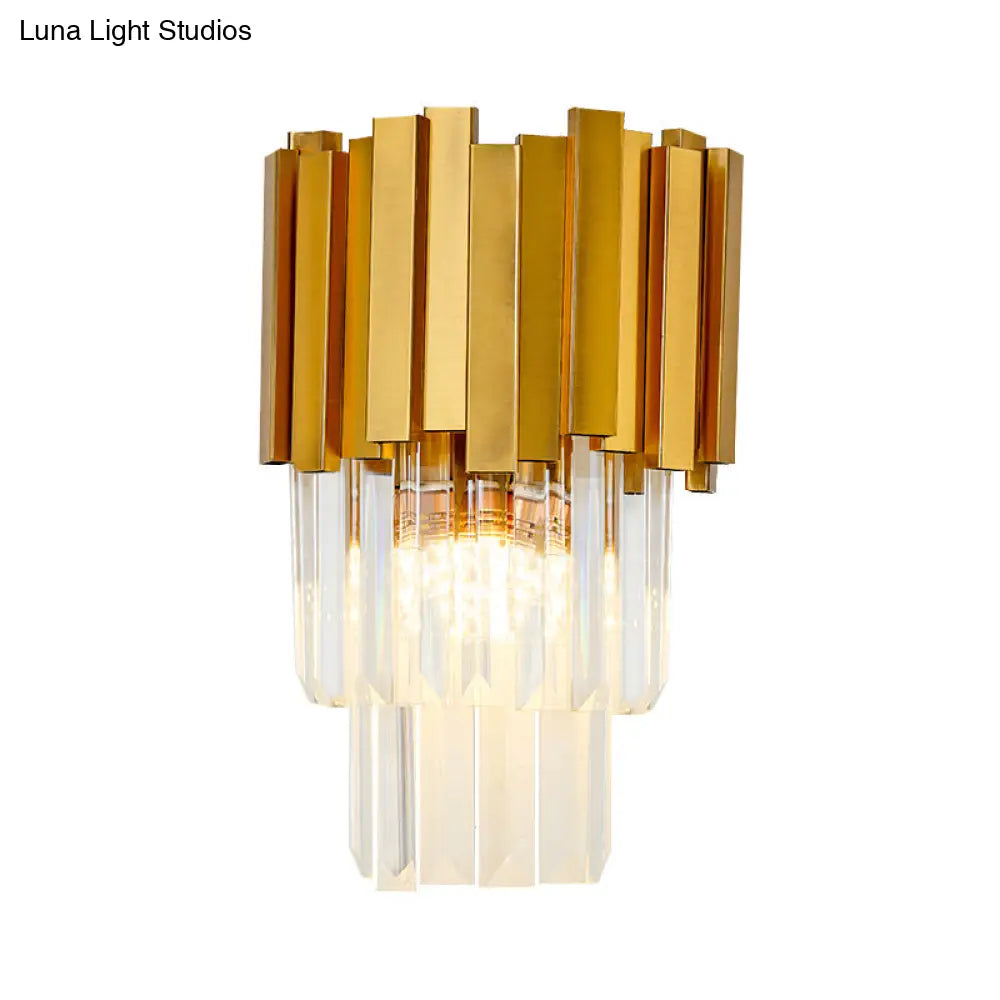 Modern Style Tiered Wall Sconce With Crystal Prism - Golden Metal 1 Light