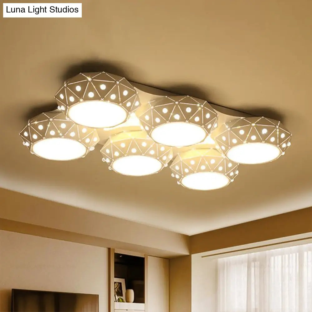 Modern Style White Flush Mount Ceiling Light With 6 Faceted Round Lights For Living Room
