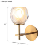 Modern Stylish Clear Glass Wall Lamp With Faceted Globe Shade - Golden Mounted Light For Hallway