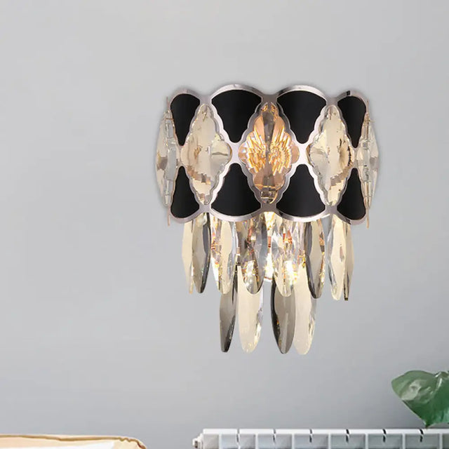 Modern Surface Wall Lamp Fixture - Cut Crystal Ovals Sconce Light With Black Finish Tapered 3 Heads