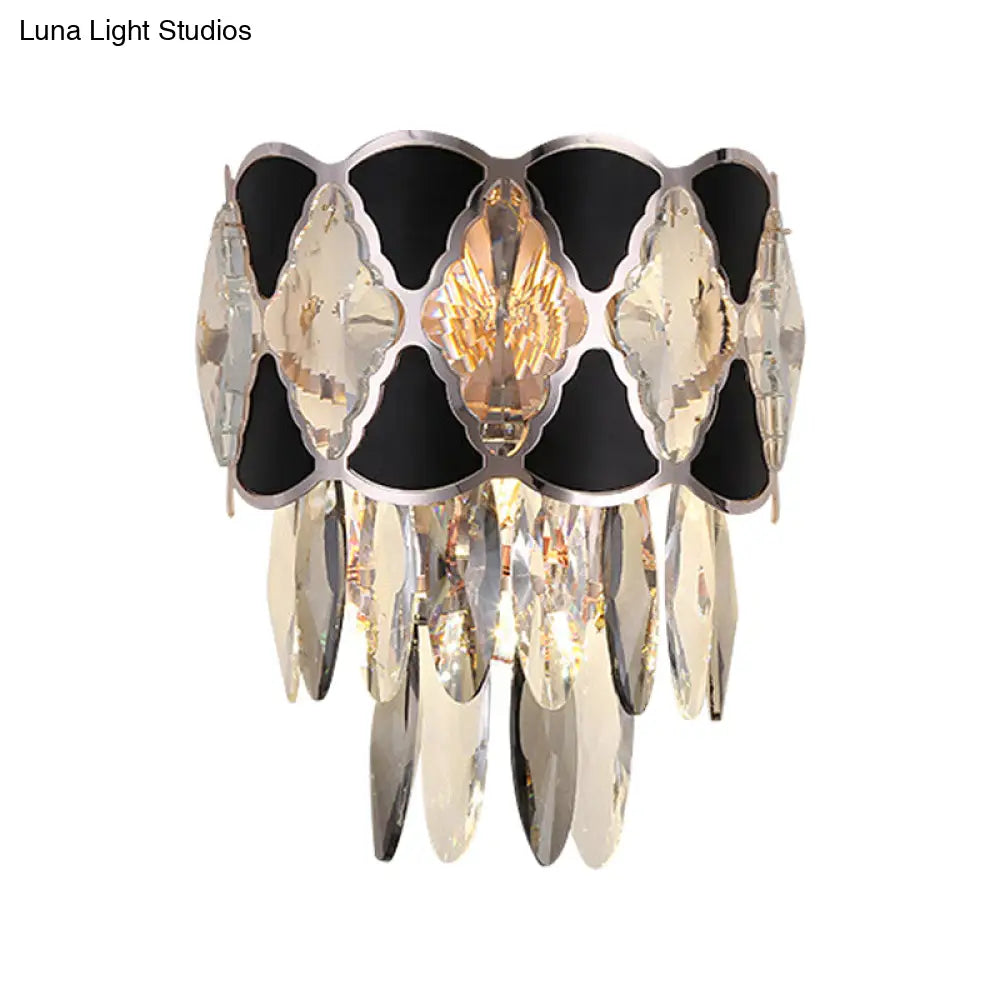 Modern Surface Wall Lamp Fixture - Cut Crystal Ovals Sconce Light With Black Finish Tapered 3 Heads
