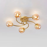 Modern Swirled Metal Semi Flush Ceiling Light With Glass Ball Shade 5 / Gold Cognac