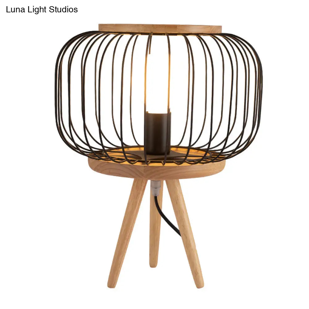 Modern Table Lamp - Drum Cage Iron Light With Wood Tripod Base White/Black Finish