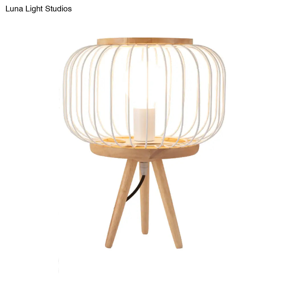Modern Table Lamp - Drum Cage Iron Light With Wood Tripod Base White/Black Finish