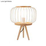 Modern Table Lamp - Drum Cage Iron Light With Wood Tripod Base White/Black Finish