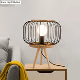 Modern Table Lamp - Drum Cage Iron Light With Wood Tripod Base White/Black Finish