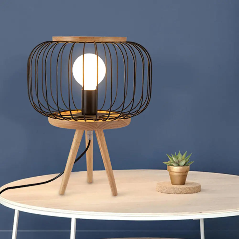 Modern Table Lamp - Drum Cage Iron Light With Wood Tripod Base White/Black Finish Black