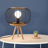 Modern Table Lamp - Drum Cage Iron Light With Wood Tripod Base White/Black Finish Black