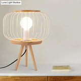 Modern Table Lamp - Drum Cage Iron Light With Wood Tripod Base White/Black Finish