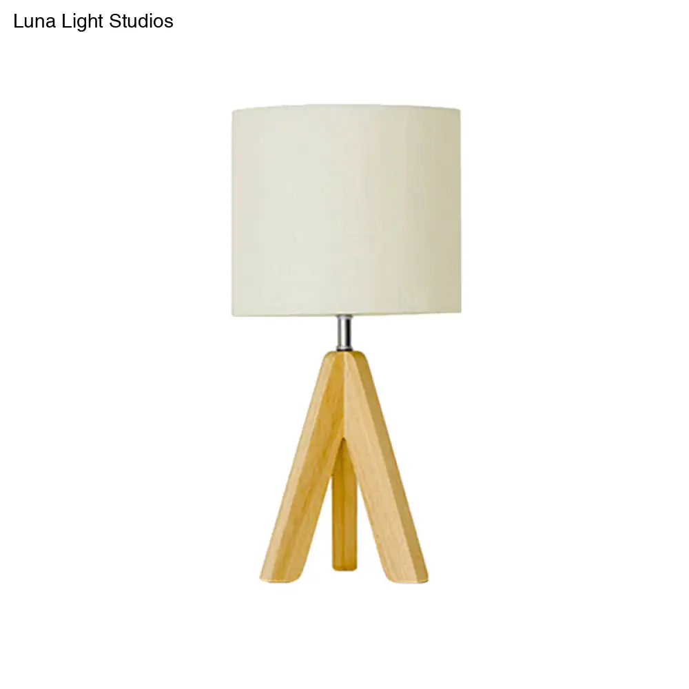 Modern Table Lamp: White Fabric Cylinder Light With Wood Tripod Base