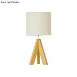 Modern Table Lamp: White Fabric Cylinder Light With Wood Tripod Base