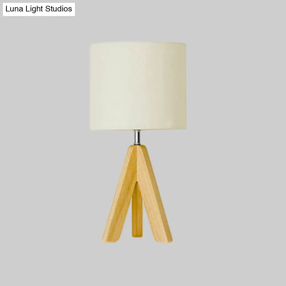 Modern Table Lamp: White Fabric Cylinder Light With Wood Tripod Base
