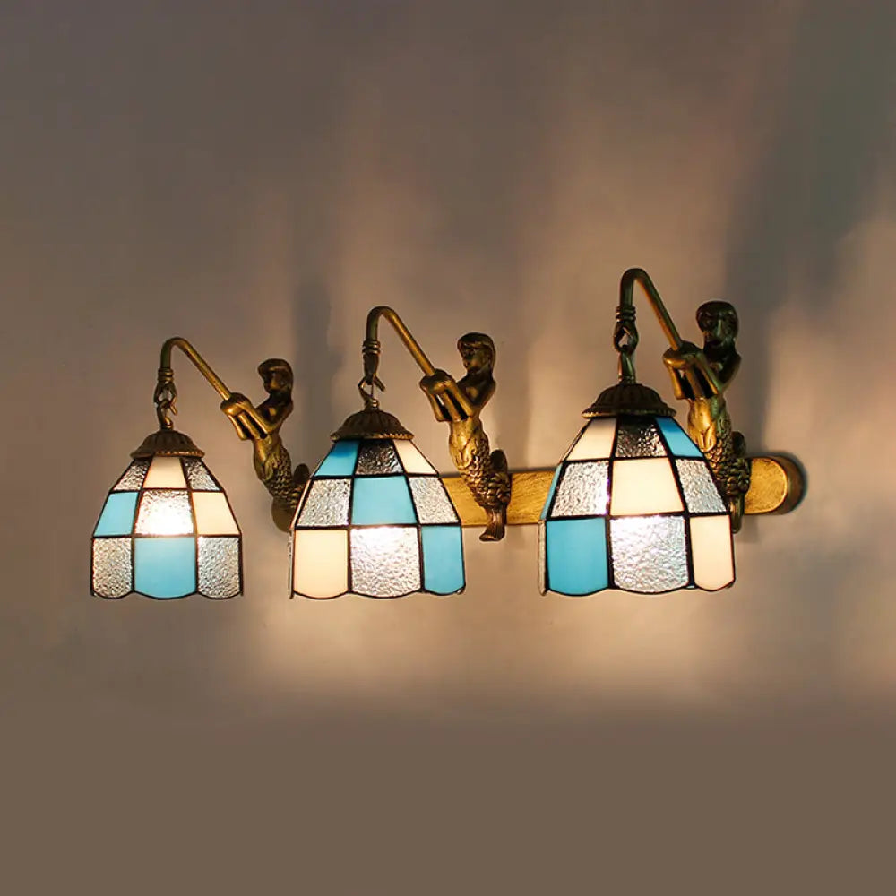 Modern Tiffany Glass Wall Sconce: 3-Head Grid Pattern Light Blue/Green/Clear Dimpled Lighting Clear