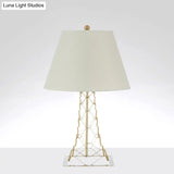Modern Tower-Like Frame Gold Finish Night Lamp With White Fabric Shade - 1-Bulb Metal Table Lighting