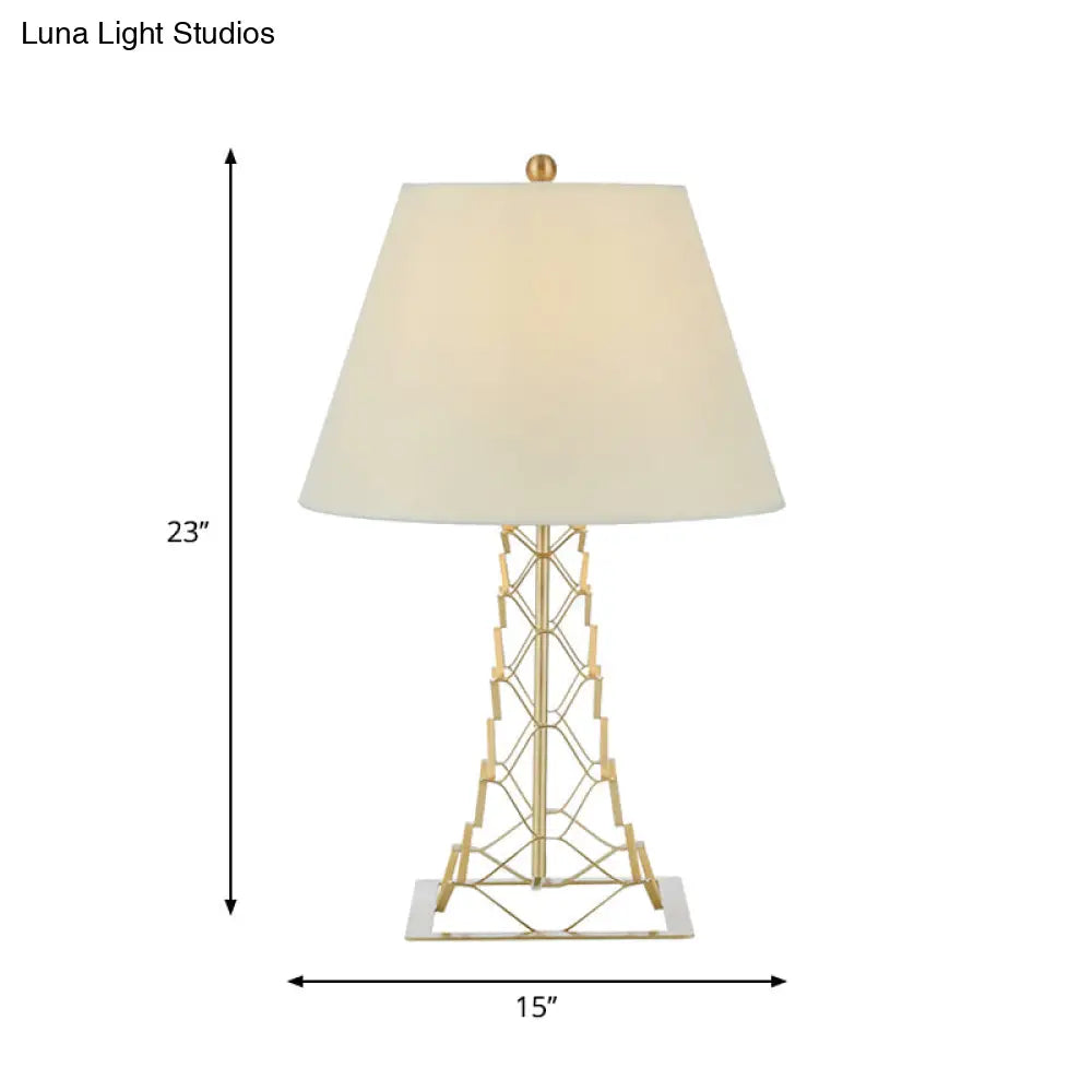 Modern Tower-Like Frame Gold Finish Night Lamp With White Fabric Shade - 1-Bulb Metal Table Lighting