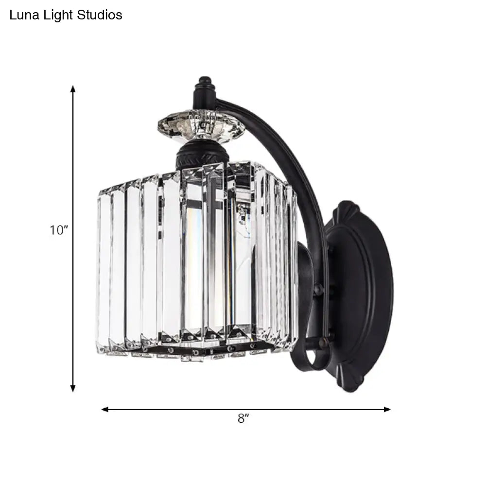 Modern Trapezoid Crystal Wall Light With Curved Arm For Living Room - Black Sconce Lamp