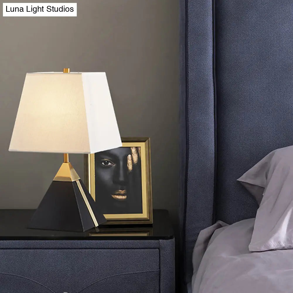 Modern Trapezoid Night Table Lamp In White/Flaxen - Light Fabric Sleek Design With Black Pyramid
