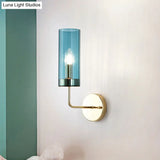 Modern Tubular Sconce: Cognac/Light Blue Glass Wall Mounted Light Fixture