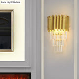 Modern Wall Mounted Gold Lamp: Tapered Design Triangular Crystal Prism 2 Lights For Living Room