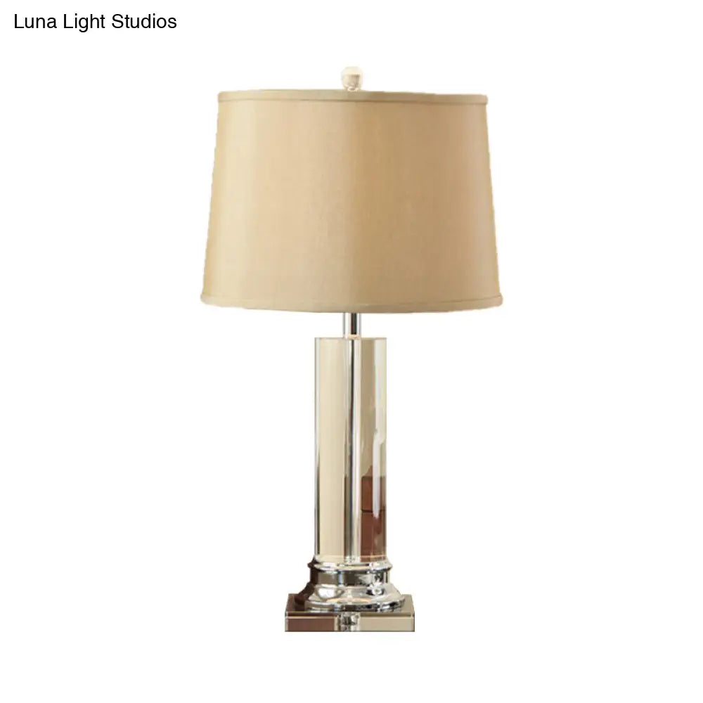 Modern White Barrel Fabric Table Lamp With Clear Cylinder Crystal - 1 Bulb Reading Book Light