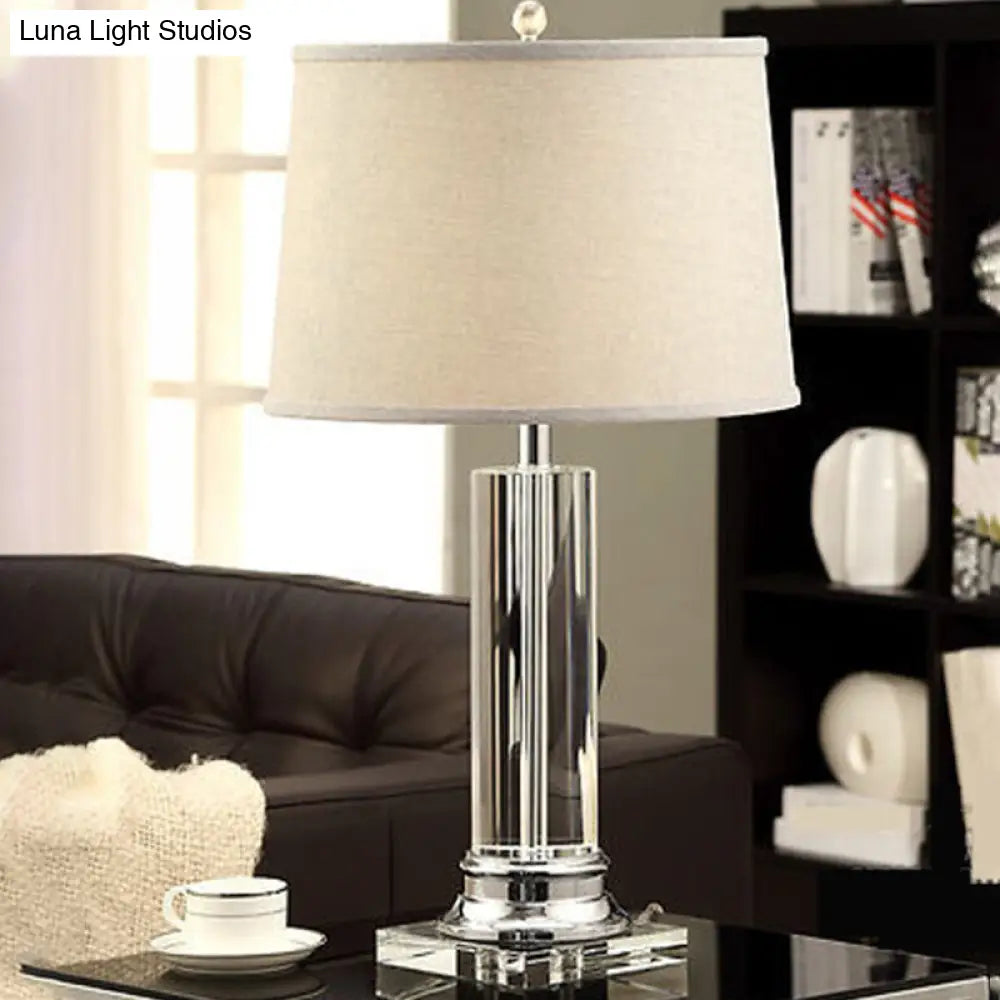 Modern White Barrel Fabric Table Lamp With Clear Cylinder Crystal - 1 Bulb Reading Book Light