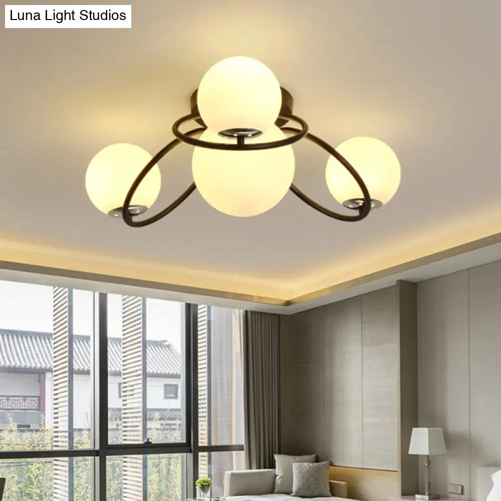 Modern White/Black Flush Mount Ceiling Light With Round Milk Glass Shade - 4 - Bulb Bedroom Lighting