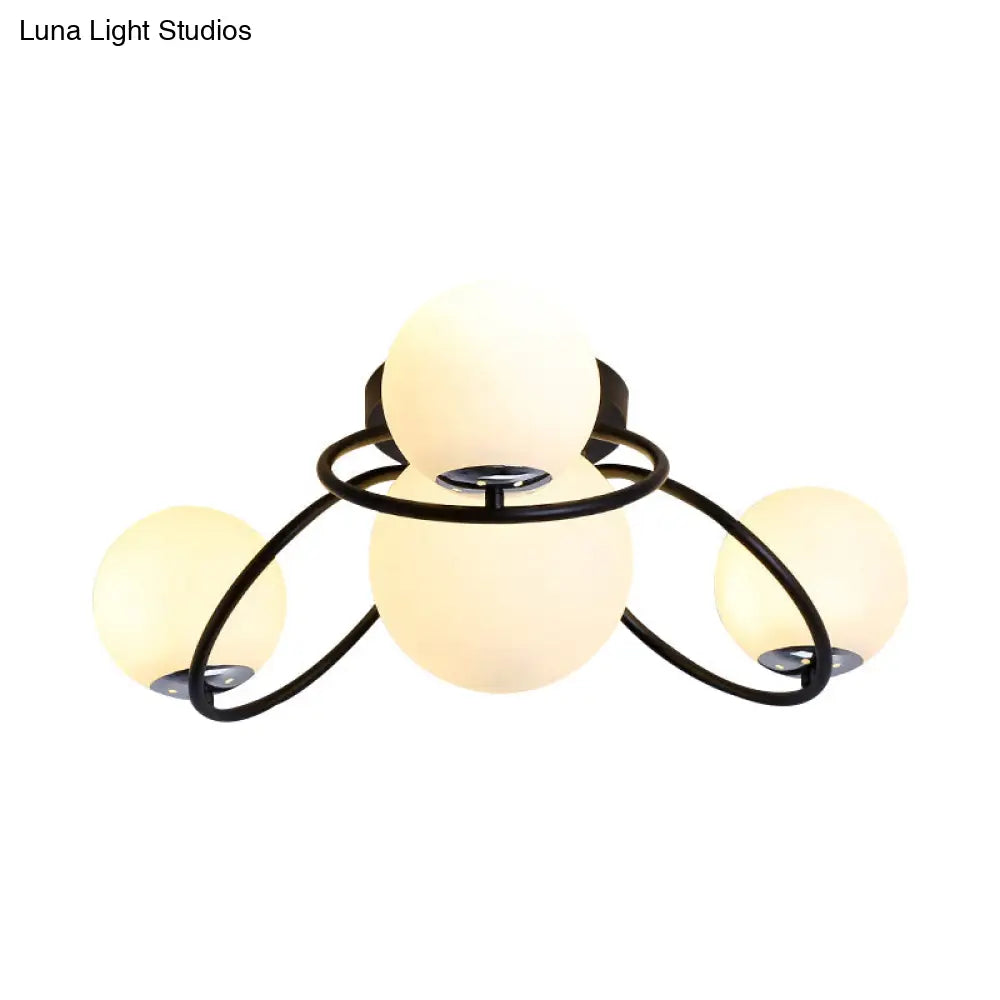 Modern White/Black Flush Mount Ceiling Light With Round Milk Glass Shade - 4 - Bulb Bedroom Lighting