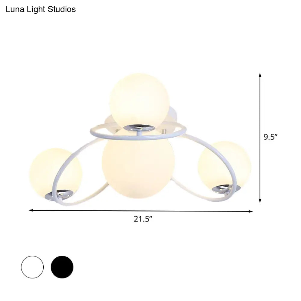 Modern White/Black Flush Mount Ceiling Light With Round Milk Glass Shade - 4 - Bulb Bedroom Lighting