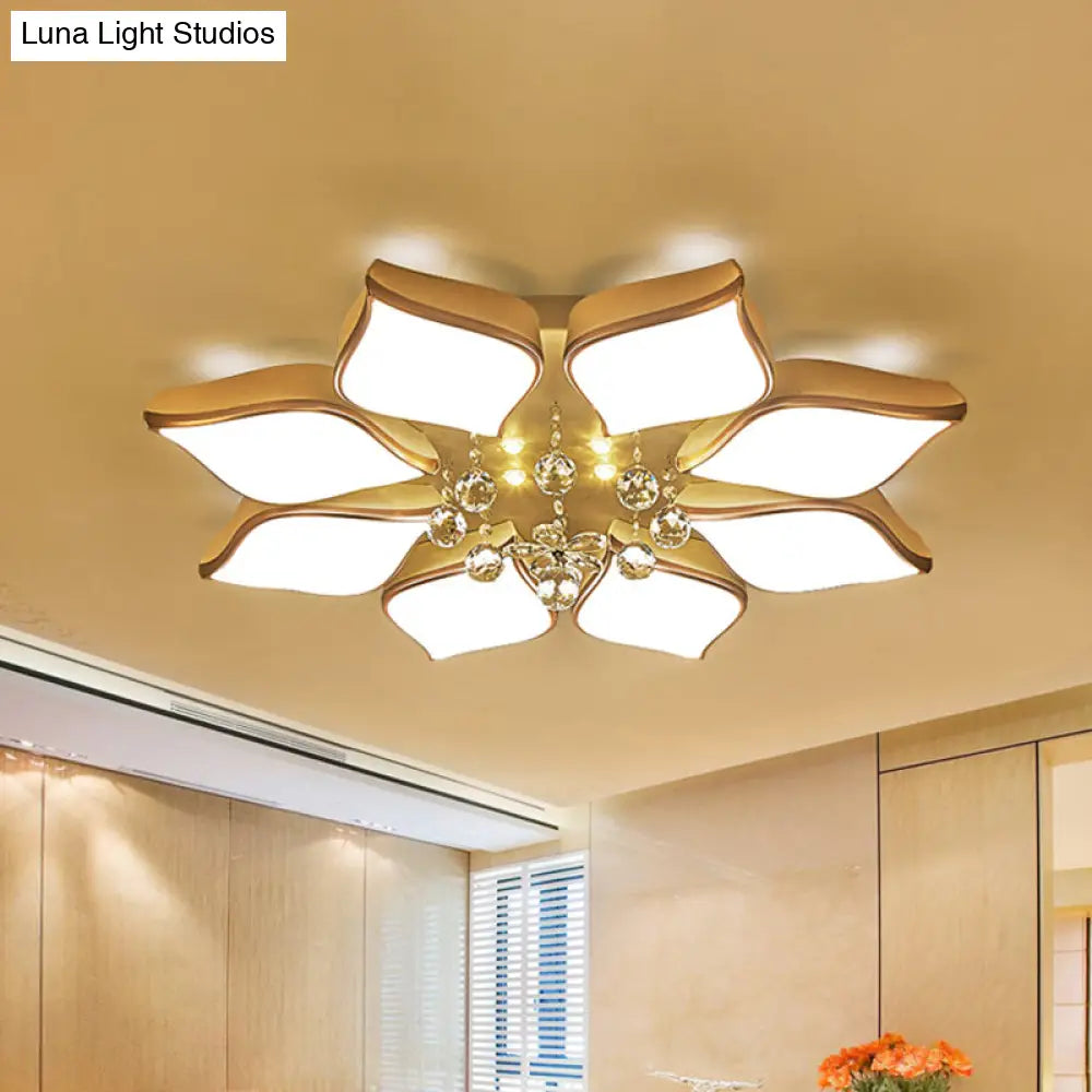 Modern White Blooming Flush Mount Ceiling Light With Crystal Drop - 8/10 Heads Warm Ambiance For