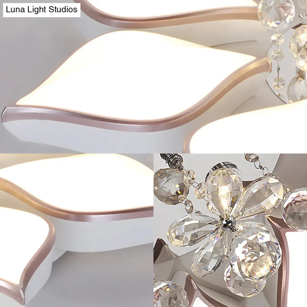 Modern White Blooming Flush Mount Ceiling Light With Crystal Drop - 8/10 Heads Warm Ambiance For