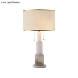 Modern White Cylinder Desk Lamp With 2 Fabric Night Table Heads And Pull Chain