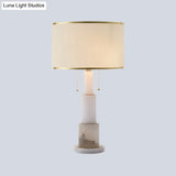 Modern White Cylinder Desk Lamp With 2 Fabric Night Table Heads And Pull Chain