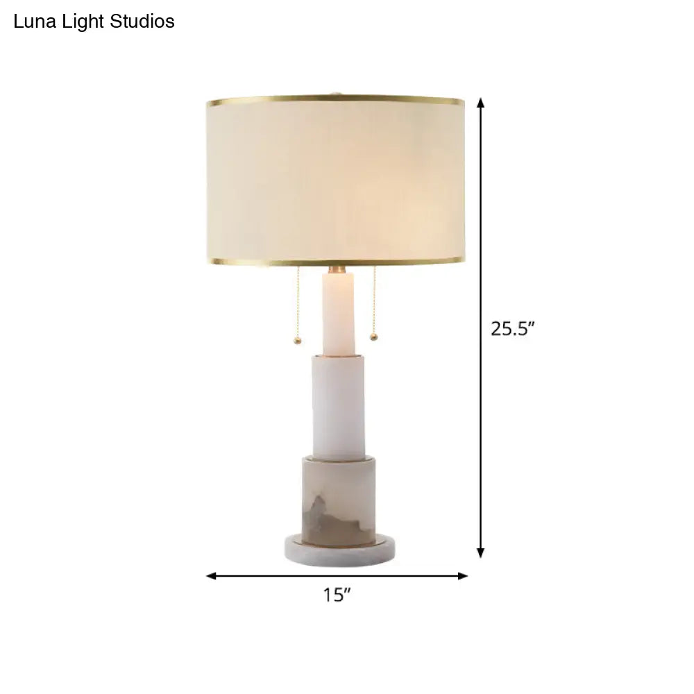 Modern White Cylinder Desk Lamp With 2 Fabric Night Table Heads And Pull Chain