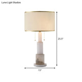 Modern White Cylinder Desk Lamp With 2 Fabric Night Table Heads And Pull Chain