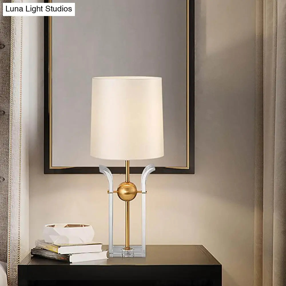 Modern White Desk Lamp With Crystal Base Barrel Shade For Reading