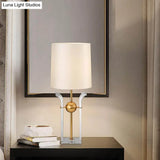 Modern White Desk Lamp With Crystal Base Barrel Shade For Reading