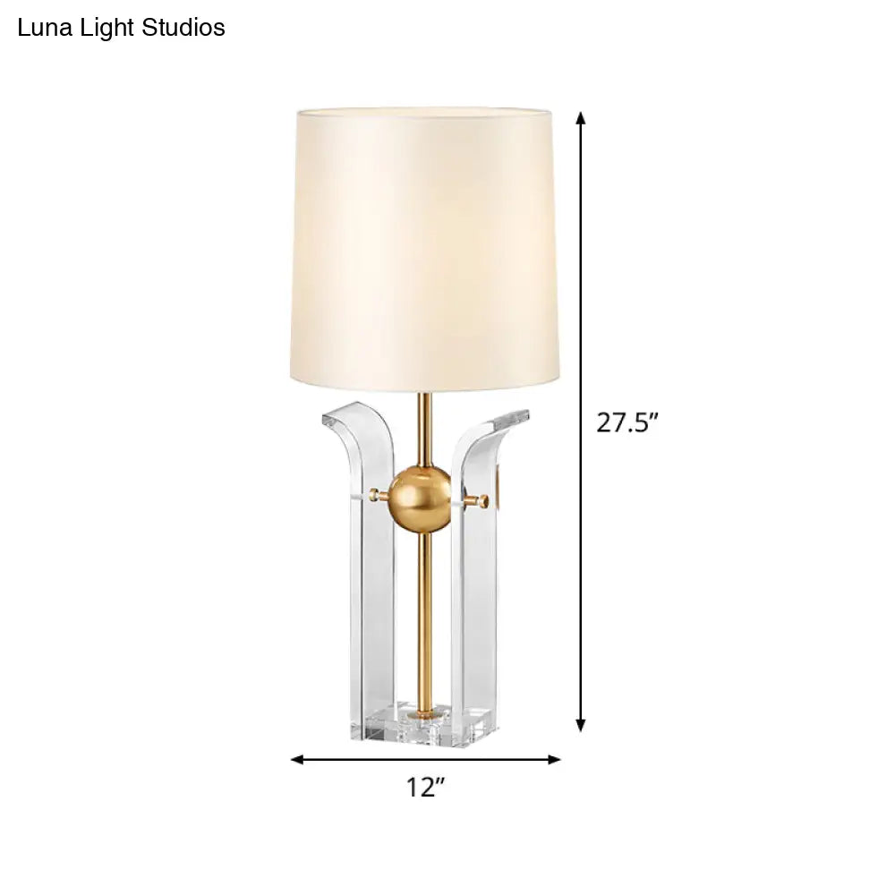 Modern White Desk Lamp With Crystal Base Barrel Shade For Reading