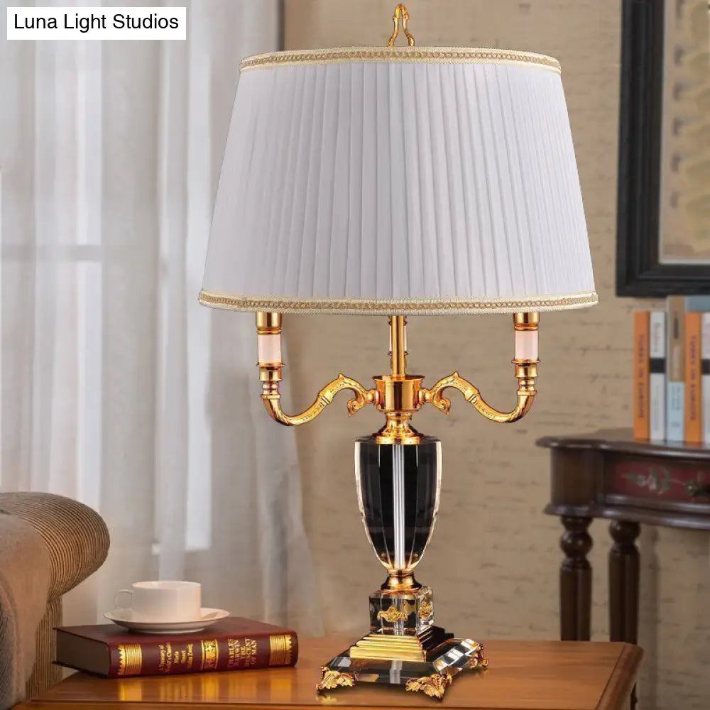 Modern White Desk Lamp With Fabric Drum Shade And Crystal Pedestal
