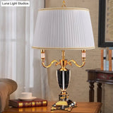 Modern White Desk Lamp With Fabric Drum Shade And Crystal Pedestal
