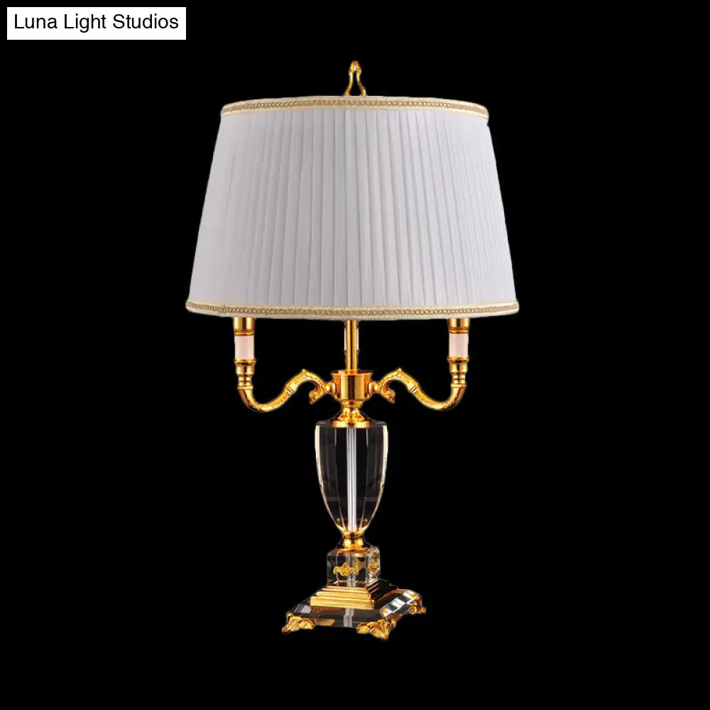 Modern White Desk Lamp With Fabric Drum Shade And Crystal Pedestal