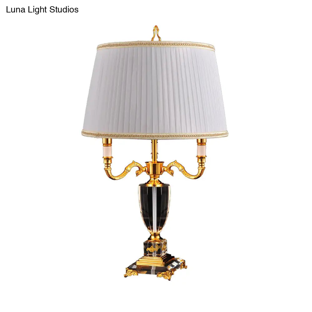 Modern White Desk Lamp With Fabric Drum Shade And Crystal Pedestal