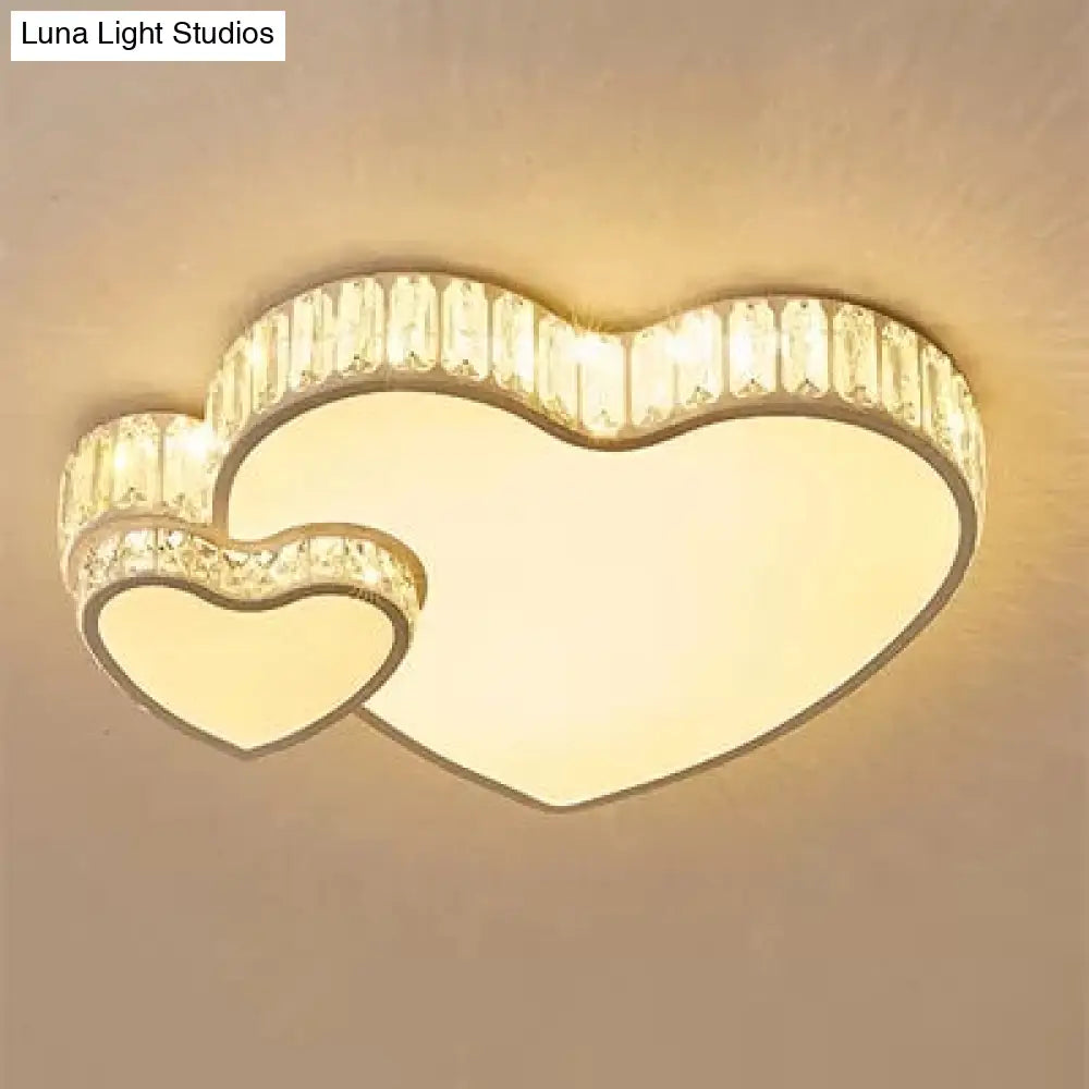 Modern White Double Heart Led Flushmount Light With Clear Crystal Deco – Stylish Acrylic Ceiling