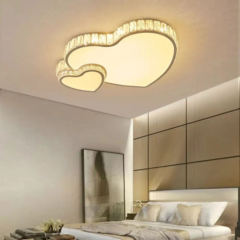 Modern White Double Heart Led Flushmount Light With Clear Crystal Deco – Stylish Acrylic Ceiling