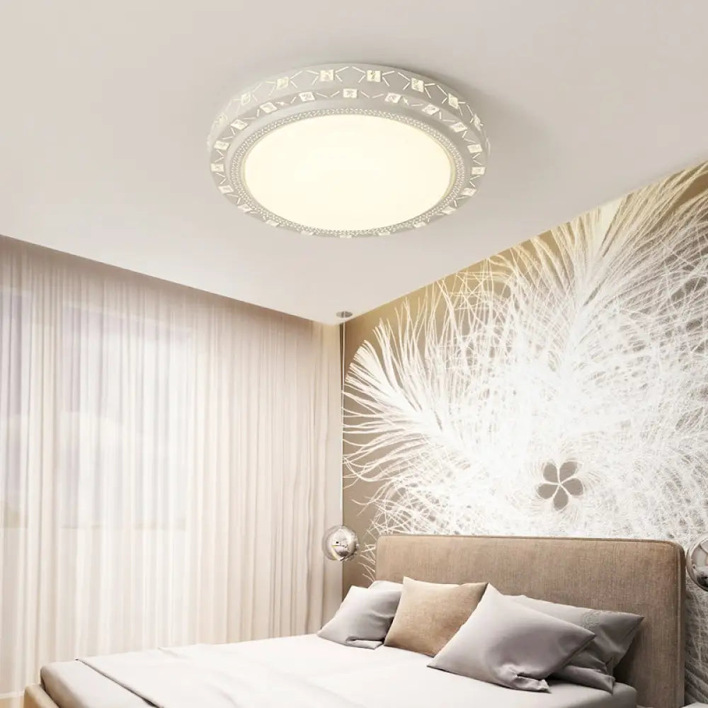 Modern White Drum Ceiling Flush Mount With Crystal Accent Led Fixture - Perfect For Bedrooms