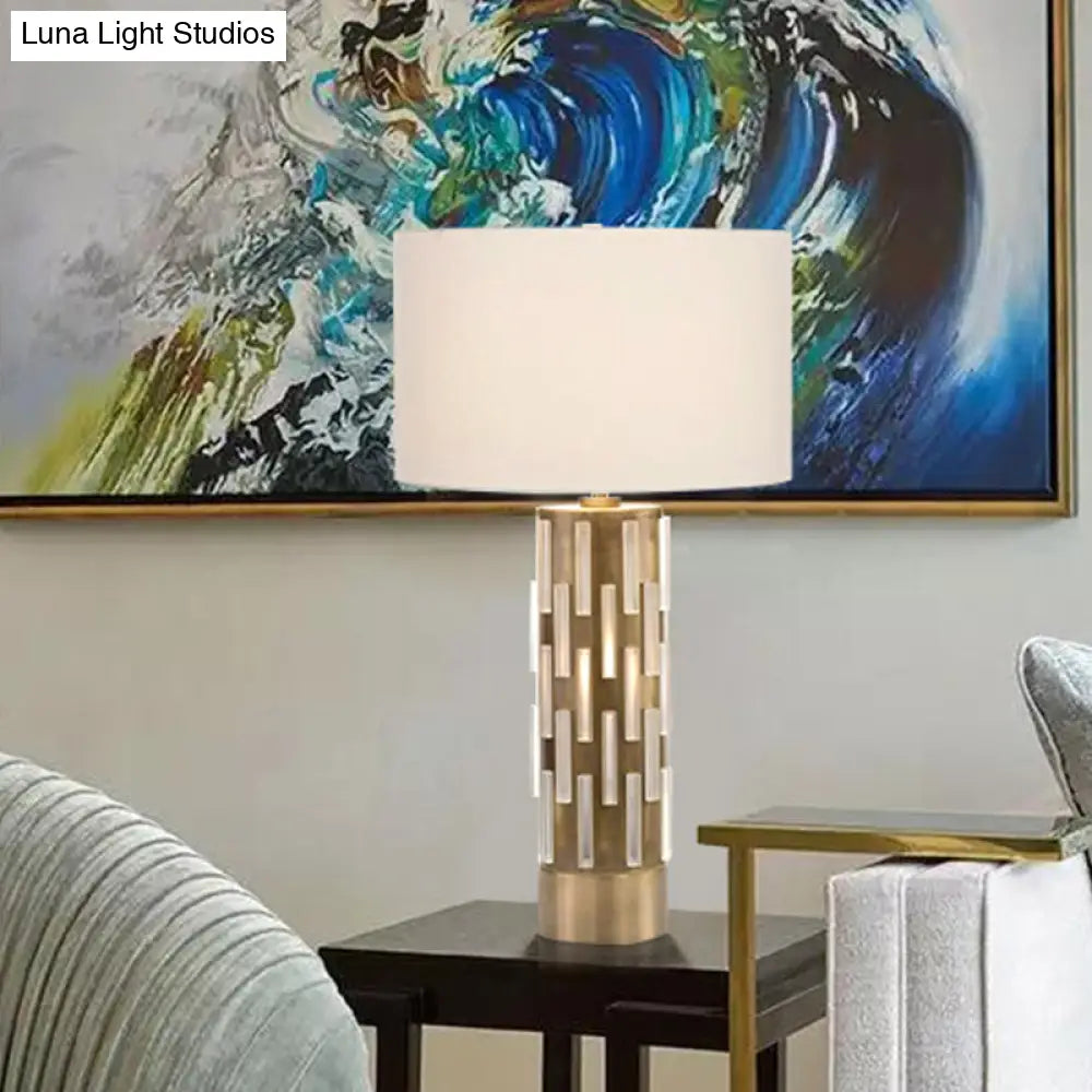 Modern White Drum Shade Table Light With Metal Base - Ideal For Bedside Use