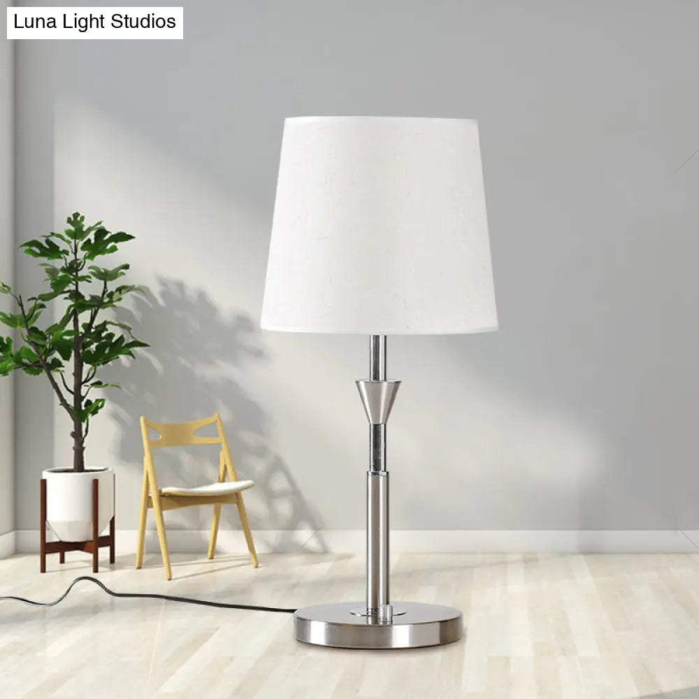 Modern White Fabric Barrel Desk Light With Metal Base - 1 Bulb Night Table Lamp