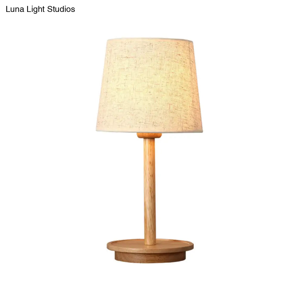 Modern White Fabric Desk Lamp With Wood Base - Tapered Design 1 Bulb Night Table Light