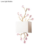 Modern White Fabric Square Wall Mount Lamp With Pink Crystal Accent - 2 Lights Sconce